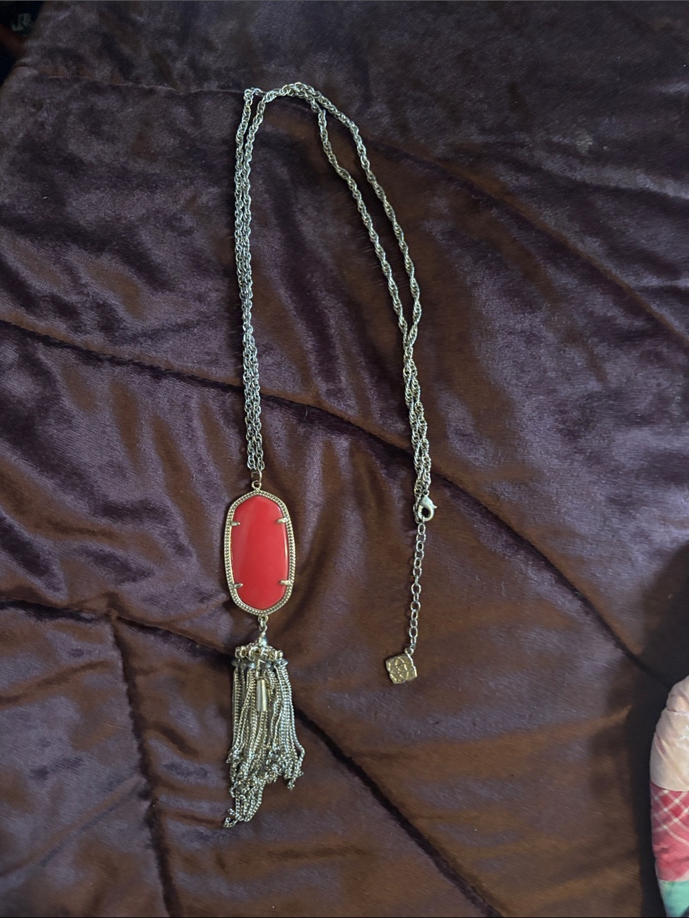 Long Silver Chain Necklace with Red Pendant and Tassel